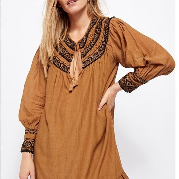 Free People Erin Embroidered Boho Mini Dress Size M NWT Long sleeve In Brown - Picture 4 of 13